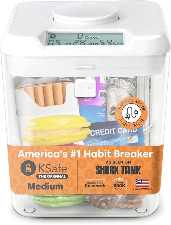 kSafe Time Locking Container Medium Phone Lock Box, Snack Safe, Self-Control Timer Box, BPA-Free Plastic, No Overrides, 5.5 W x 5.5 H, White Lid, Clear Base