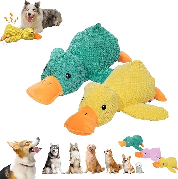 Quacker Calming Duck Toy, The Mellow Dog Calming Duck, Emotional Support Duck for Dogs, Yellow Duck Dog Toy, Yellow Stuffed Duck Dog Chew Toys, Squeaky Dog Chew Toys (L,Yellow+Green)