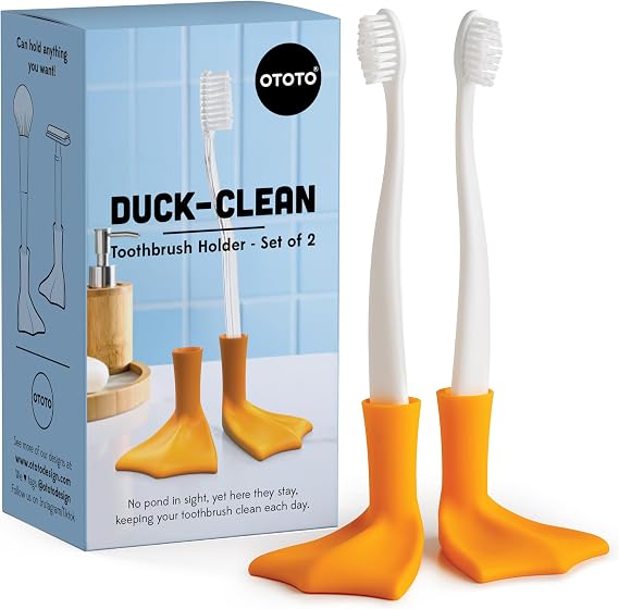 OTOTO Duck Toothbrush Holder Set - 2 Pack - Bathroom Organizer, Funny White Elephant Gifts for Kids - Pencil Holder, Brush Holder (Duck-Clean)