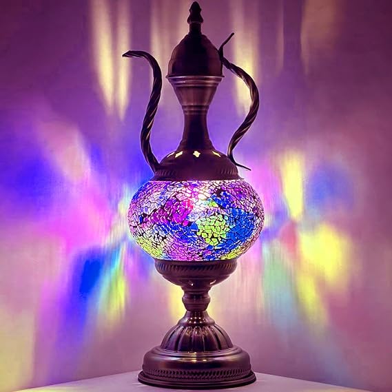 SILVERFEVER Mosaic Turkish Teapot Lamp Moroccan Glass for Table Desk Bedside Bronze Base Bundle with E12 Light Bulb (Golden Purple)