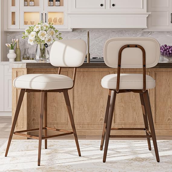 MALOL 26 Mid Century Leather Swivel Bar Stools Set of 2, Beige