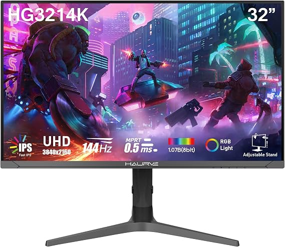 Haurve 32 UHD 4K 144Hz Gaming Monitor with Height Adjustable Stand, PD 90W, HDMI 2.1, DP 1.4, USB-C, RGB, Speakers, 0.5ms, 3840X2160 Display, (HG3214K)