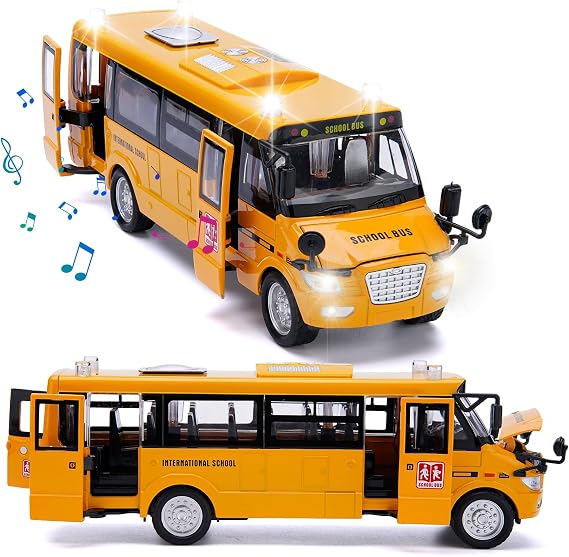 Crelloci School Bus Toy, Die Cast Model Car with Flashing Lights & Sounds, Friction Powered, Back & Side Doors Open, Large Yellow Metal Toy Vehicles, Play Bus Easter Gift for Kids Toddlers Ages 3+