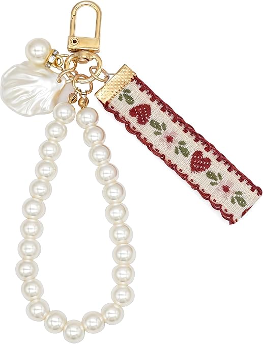 Boho Imitation Pearl Wrist Keychain Charm Bracelet Strap Lanyard Key Chain Ring Pendant Keyring Gifts for Women Purse Wallet Bags