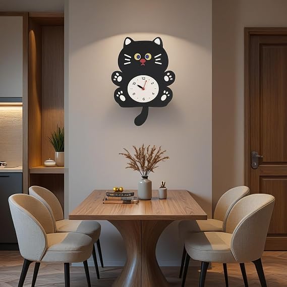 Black Cat SwingingTail Silent Cartoon Wall Clock