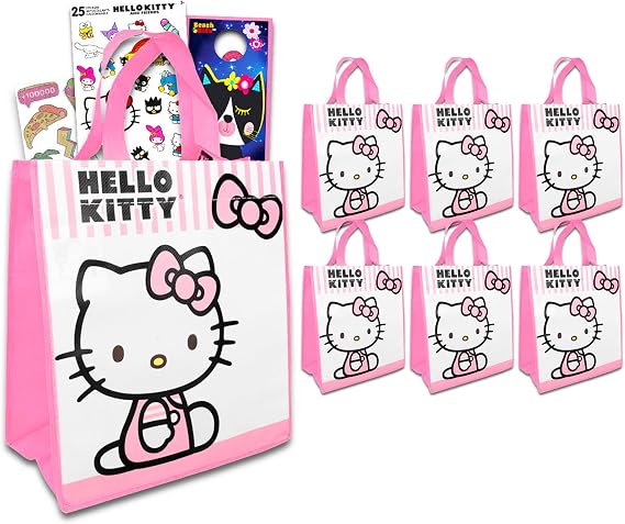 Hello Kitty Party Favor Bags Set - 6 Pack Reusable Hello Kitty Party Goodie Bag Totes Plus Stickers Tattoos More | Sanrio Birthday Party Supplies Bundle