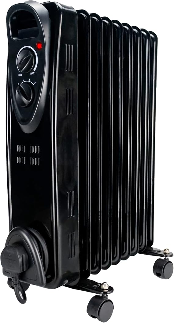 OIL Filled Radiator 9 Fin Black Heater Electric 2KW Free Standing Portable Oil Radiator with Thermostat - 3 Heater Settings, Built in Safety Features