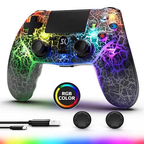 2 Pack Wireless Controller for PS4, LED Backlit Controllers for PS4/Pro/Slim, 1000mAh Battery, Double Shock 6-Axis Motion Sensor, Adjustable RGB