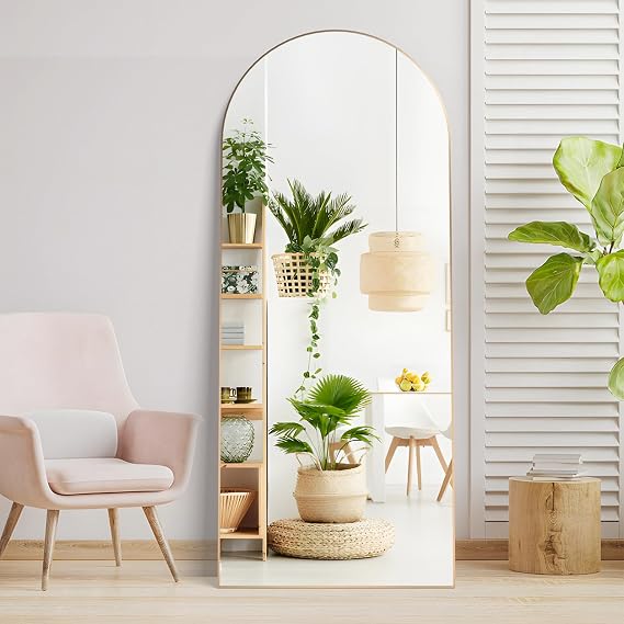 165x60cm Arched Floor Full Length Mirror, Full Body Wall Mirror with Aluminum Frame, Arched-Top Full Dressing Mirrors Standing Hanging or Leaning for Bedroom Living Room, Gold