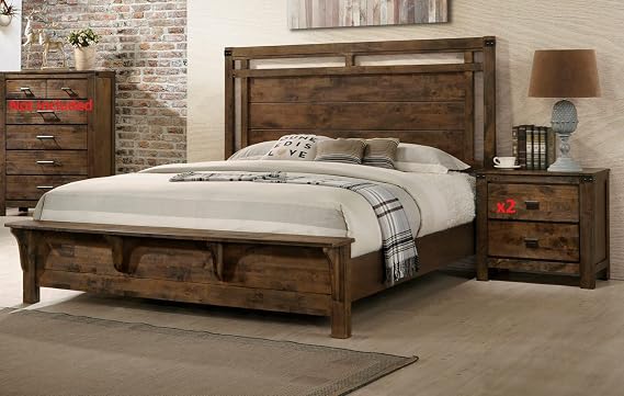3pc Contemporary Rustic Finish King Size Bedroom Set Bed and 2X Nightstand Wooden Home Furniture