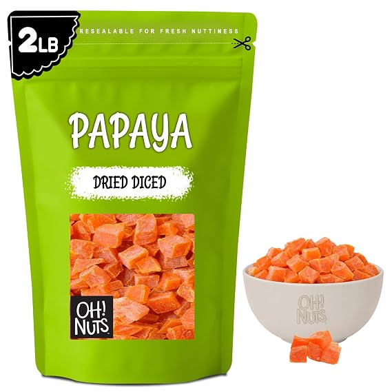 Oh! Nuts Dried Papaya, Diced Fruit, Less Sugar Added Dehydrated Bites, 2 lb