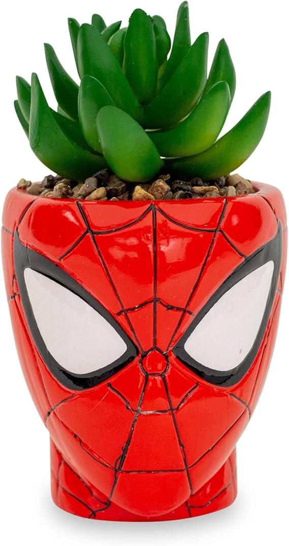 Toynk Marvel Comics Spider-Man Web-Head 3-Inch Ceramic Mini Planter with Artificial Succulent | Small Flower Pot, Faux Indoor Plants