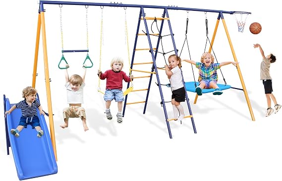 7 in 1 Metal Swing Sets for Backyard, Outdoor A-Frame Heavy-Duty Playground Sets for backyards with Slide, 2 Swing Seats, 1 Climbing Net & Ladder, 1 Gym Ring, 1 Basket