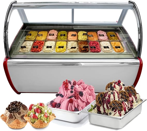 Kolice 18 Pans Gelato Display Freezer, Ice Cream Freezer, Ice Cream Showcase, Ice cream Displayer freezer, Auto Defrost, Anti-fog Glass, Cooling Air Convection, LED