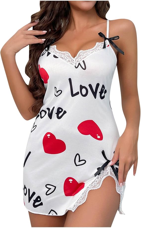 Valentine's Day Nightgowns for Women Sexy Lingerie Babydoll Chemise Love Printed Pajama Dress for Sex Naughty