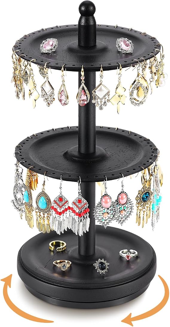 Earring Holder Organizer, Rotating Solid Wood Earring Organizer Stand for Women Girls, 3-Tier Jewelry Holder Tree With 102 Holes for Display, Gifts for Her (Black)