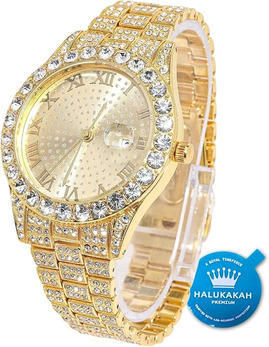 Halukakah Diamonds Gold Watch - THE LUXE - Men's Iced Out18K Real Gold/Platinum White Gold Plated 42MM Width Round Dial Quartz Wristband 9.5" with Cuban Link Chain 8"+18" Necklace Bracelet,Free Giftbox