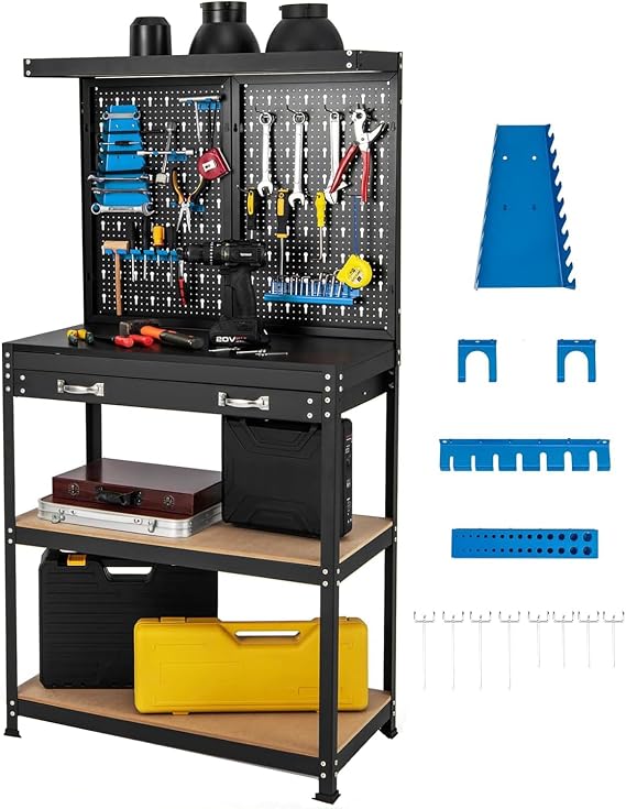 COSTWAY Workbench with Pegboard, Metal Garage Work Bench with 13 Hanging Accessories & Drawer, Heavy Duty Tool Storage Workstation Unit for Workshop Warehouse, 81x41x156cm, 290kg Capacity (Blue+Black)