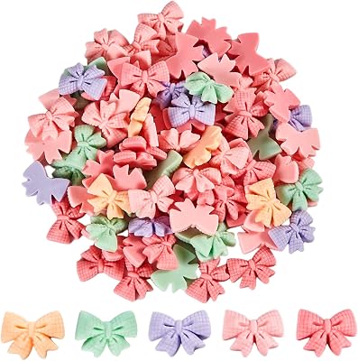50pcs Slime Charms Bow Ornament, Flatback Bulk Mixed Resin Charms Cute Ornament Scrapbooking DIY Crafts Making 5 Colors Mix