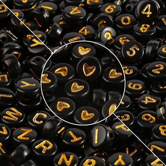 1000pcs Black Mixed Round Acrylic Beads 4x7mm Gold Alphabet Number Heart Shape Bead for Jewelry Making and DIY Bracelets