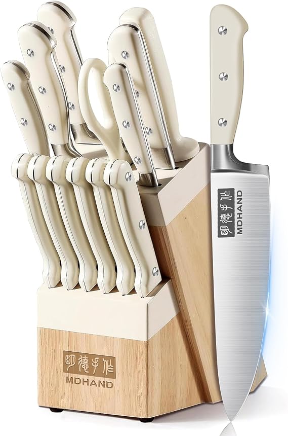 MDHAND Knife Set with Block, Kitchen Knife Set with Block and Sharpener