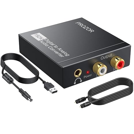 PROZOR 192KHz Digital to Analog Audio Converter DAC Digital Optical to RCA Analog L/R Converter, SPDIF Toslink Optical to 3.5mm Jack Adapter for PS3 HD DVD PS4 Amp Apple TV Home Cinema -Aluminum Alloy