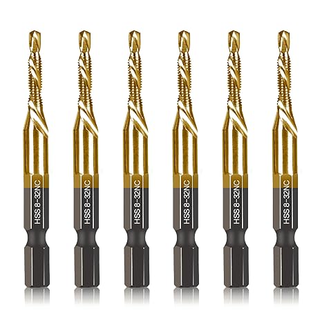 6-pc 8-32NC Combination Drill Tap Bit Set SAE, 8-32NC Thread Size, Titanium Coated High-Speed Steel, Ideal for Drilling Threading and Countersinking in Soft Metal Wood and Plastic, 1/4 Hex Shank