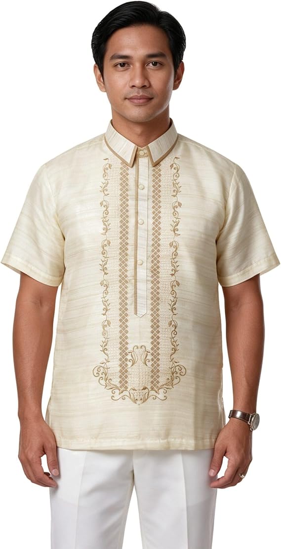 Barong Tagalog for Men, Short Sleeve Filipino Formal Shirt in White Organza with Embroidery, US Size