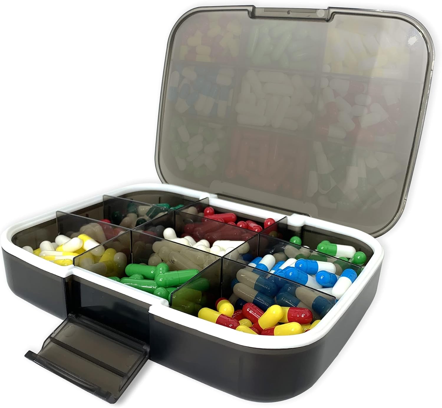 Large Pill Organizer, 7.7x5.7 Travel Vitamin Box Lightproof 9 Compartments Portable Pill Cases Supplements Dispenser Moisture Proof Pill Holder Medicine Container