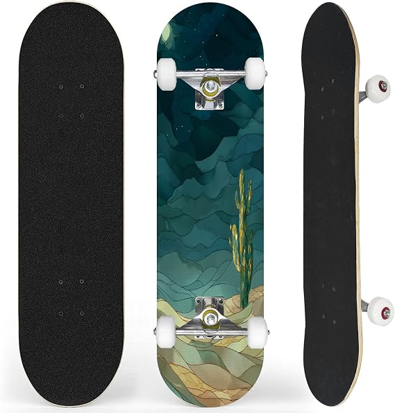 Complete Skateboard with Serene Stained Glass Desert Cactus Starry Night Landscape Beginner Skateboard 7-Layer Maple Wood Double Kick Concave Skateboards for Kids, Adults, Teens 31" x 8"
