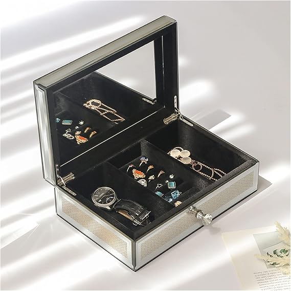 Jewelry Box Luxury Silver Crushed Diamond Glass Mirrored Jewelry Box Organizer Gold Diamond Storage Jewelry Box for Women Jewelry Organizer for Women