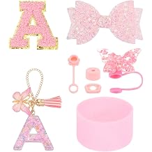 sourcing map 8Pcs Cup Accessories Set for Cup Tumbler with Handle, Including Silicone Straw Cover, Boot, Spill Proof Stopper, Handle Charm, Initials Sticker(Letter A, Pink)