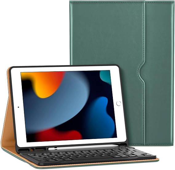 VIKESI Keyboard Case for iPad 9th / 8th / 7th Generation 10.2 inch (2021/2020/2019), Premium Leather Smart Cover, Built-in Breathing Light, Function Row, Pencil Holder, Card Slots - Green