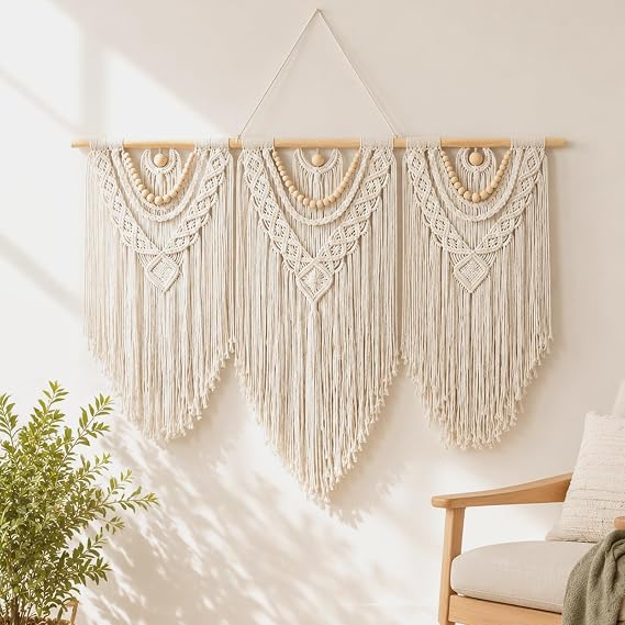 Macrame Wall Hanging-Large, Boho Tapestry Macrame Wall Decor Art (White)