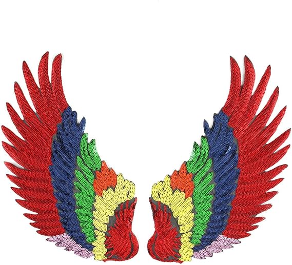 Large Angel Wings Sequin Patches Iron on Sew on Appliques Embroidered Motif for DIY Clothes (Rainbow)