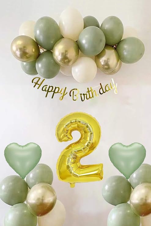 Patladı Gitti Adaçayı Konsept Doğum Günü Seti ; Küf Yeşili-Krom Gold- Deniz Kumu ve Adaçayı Kalp Folyo Balon (2)
