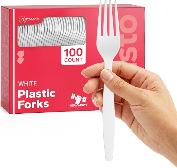 GUSTO Heavy Duty Disposable Plastic Forks [100 Count] White