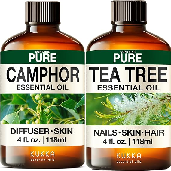 Camphor Essential Oil for Diffuse & Tea Tree Essential Oil for Diffuser Set - Aromatherapy Grade Essential Oils Set - 2X 4 Fl Oz - Kukka