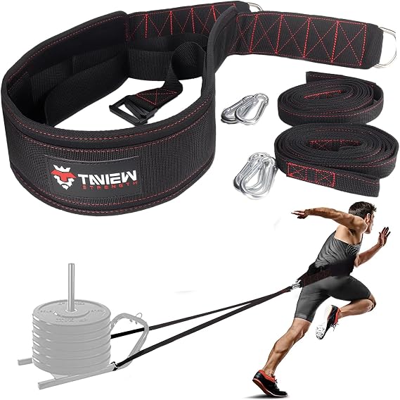 TAVIEW Sled Pulling Belt with Adjustable Closure, 2 Sled Pulling Straps & 4 Hooks Ideal for Resistance Training, Strength