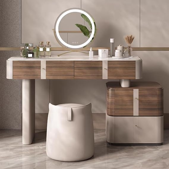 Modern Bedroom Makeup Table Vanity Table Set with Lighted Mirror Vanity Table Made of Solid Wood Vanity Set with Chair(100cm/39.3in)