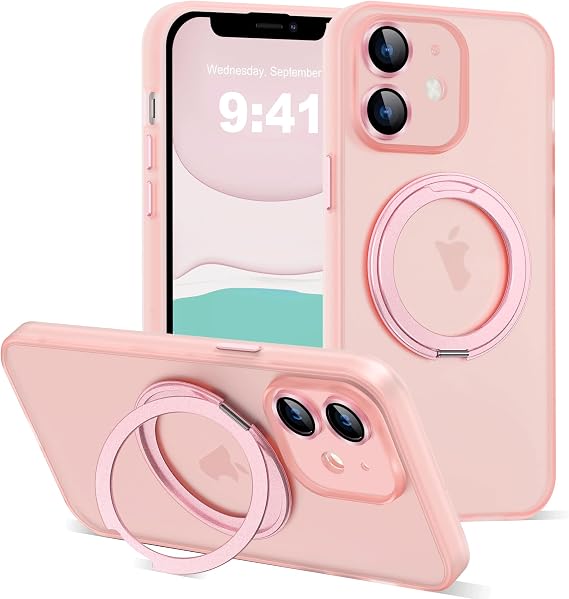 Compatible with iPhone 11 Case 6.1"[Full Camera Lens Protection][Compatible with Mag-Safe][360Rotatable Magnetic Ring Stand] Translucent Protective Case for iPhone 11,Pink