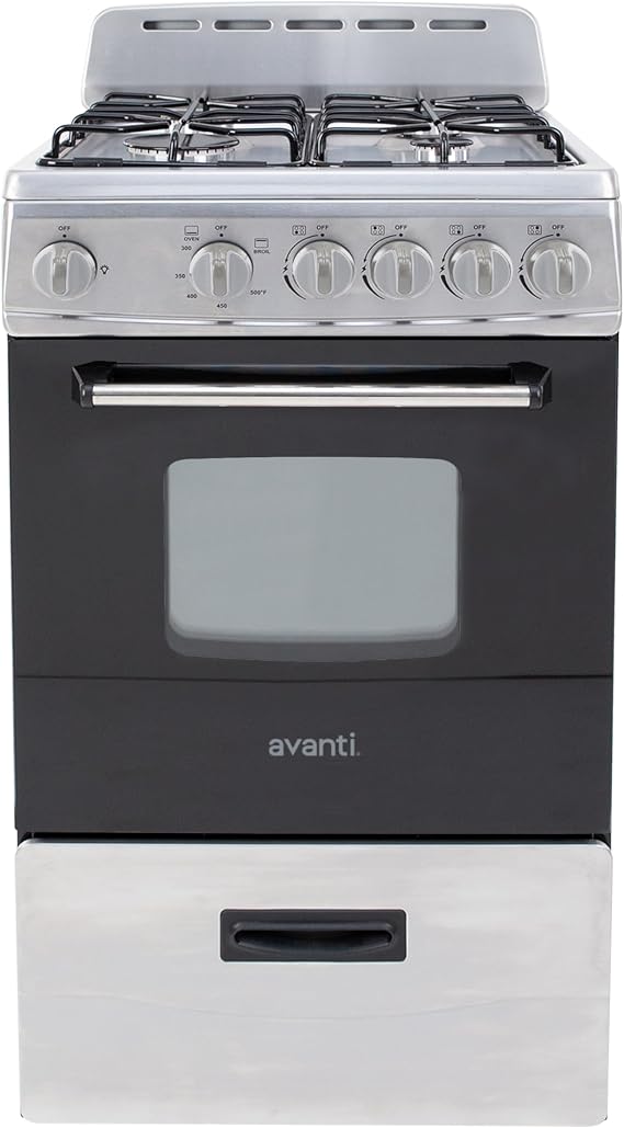 Avanti Compact Gas Range Oven, 4 Sealed Burners, 20-Inch, Stainless Steel | Avanti Compact Gas Range Oven, Freestanding with 4 Sealed Burners, Broiler with Pan, Storage Drawer, 20-Inch, Stainless Steel
