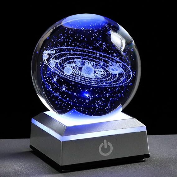 None 3.15 inch Solar System Crystal Ball 3D Planets Sun System Globe with Silver LED Base Ornament for Kid's Room(Silver base) | Sun System Glass Globe Presents for Adults, Silver LED Base, Astronomy Space Statue, Room Ornament, Celestial Decor