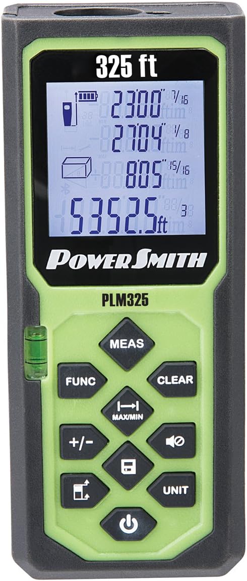 POWERSMITH Laser Measure 325' Distance Meter Weatherproof Back-Lit Digital with Four Measuring Units, Fractional Display, Auto Shut-Off, Rubberized Grip Batteries, and Belt Holster PLM325