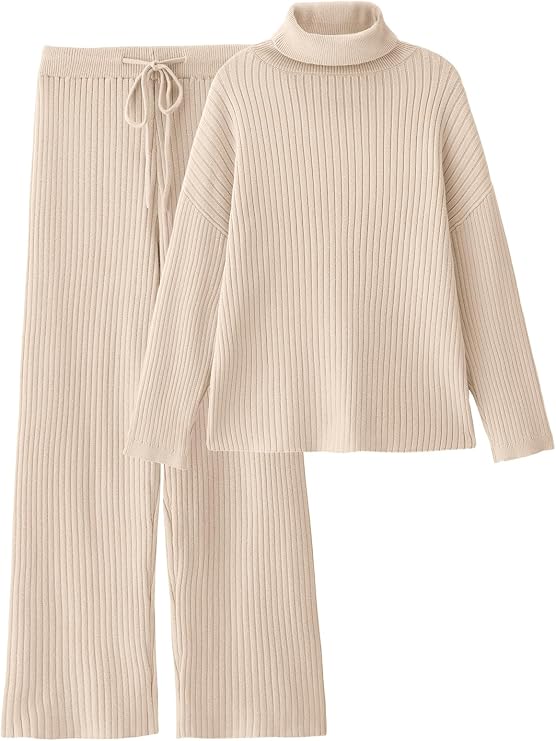 LILLUSORY Women's 2 Piece Outfits Turtleneck Sweaters Lounge Set and Wide Leg Pants Cozy Knit Sweatsuit Sets