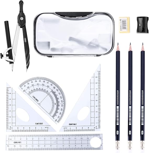 10PCS Maths Set, Geometry Compass Set, School Student Stationery Including Compasses Protractor Ruler Set Square Eraser Pencil Sharpener Replacement Pencil