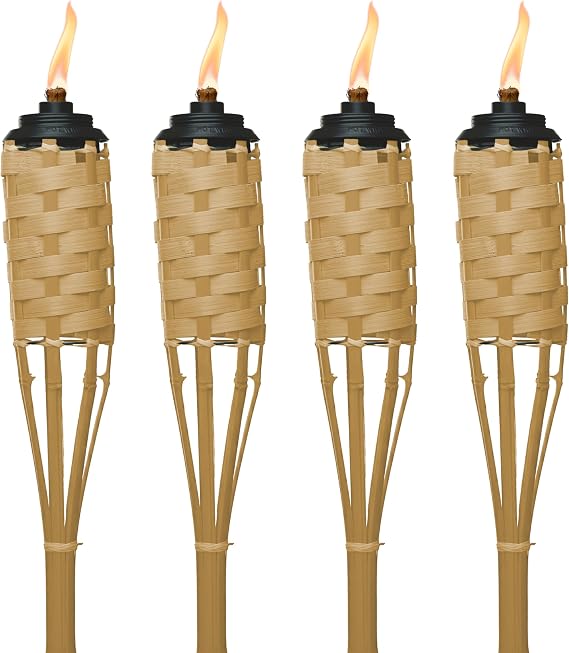 TIKI Bamboo Tiki Torches 4-Pack Weather-Resistant Outdoor Decor with Easy-Pour Wide-Mouth Canister Refill for Patio, Garden, Backyard, and Parties, 57-Inch Citronella Torches