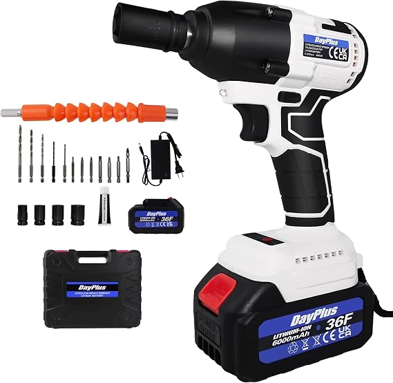 Cordless Impact Wrench 1/2 inch, 21V Brushless Impact Gun with Battery and Charger, High Torque 300 ft-lbs 3000 RPM Impact Wrench with 1-Hour Fast Charger, Led Light (White)
