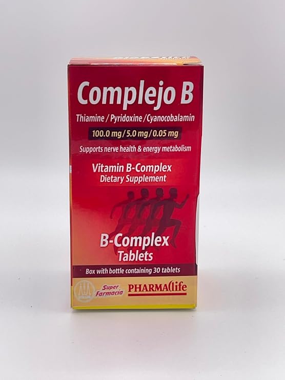 Complejo B (B-Complex) Red Box Vitamin B1, B6, B12 Tablets Dietary Supplement 30 Tablets 1 Month Supply