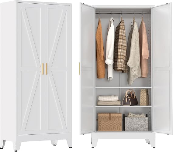 Metal Wardrobe Closet with Doors and Shelves, 71" Farmhouse Bedroom Armoire with Hanger Rod and Clothing Shelf, White Steel Wardrobe Cabinet Storage Clothes Closet